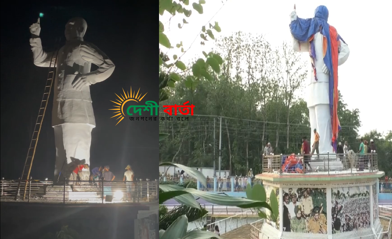রাঙামাটিতে ফ্যাসিবাদের প্রতীক হিসেবে বঙ্গবন্ধুর ভাস্কর্য ভাঙচুর