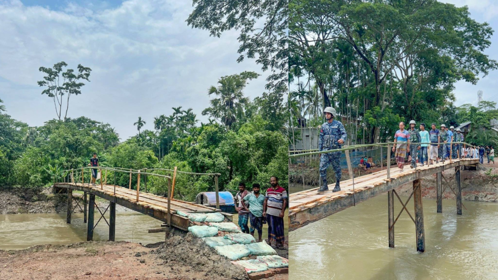 পাথরঘাটার ভাঙা বেড়িবাঁধে নৌবাহিনীর সহায়তায় অস্থায়ী সাঁকো নির্মাণ সম্পন্ন