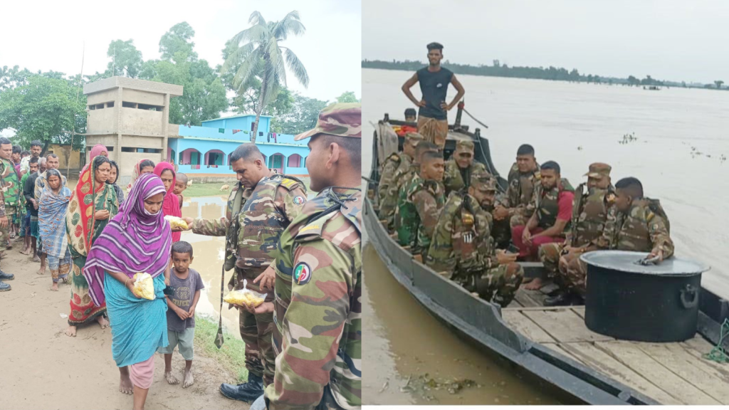 সিলেটের বন্যাদুর্গতদের মাঝে সেনাবাহিনীর খাবার বিতরণ, আশ্বাস পাশে থাকার
