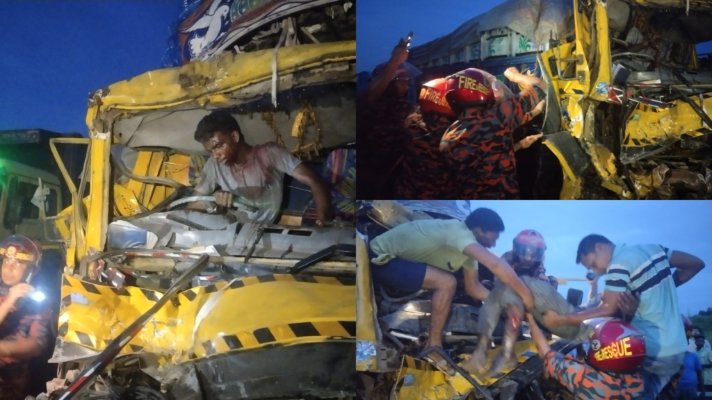 ৯৯৯ নম্বরে ফোনে প্রাণ বাঁচল তিনজনের: সড়ক দুর্ঘটনায় চালক আটকে ছিলেন গাড়িতে