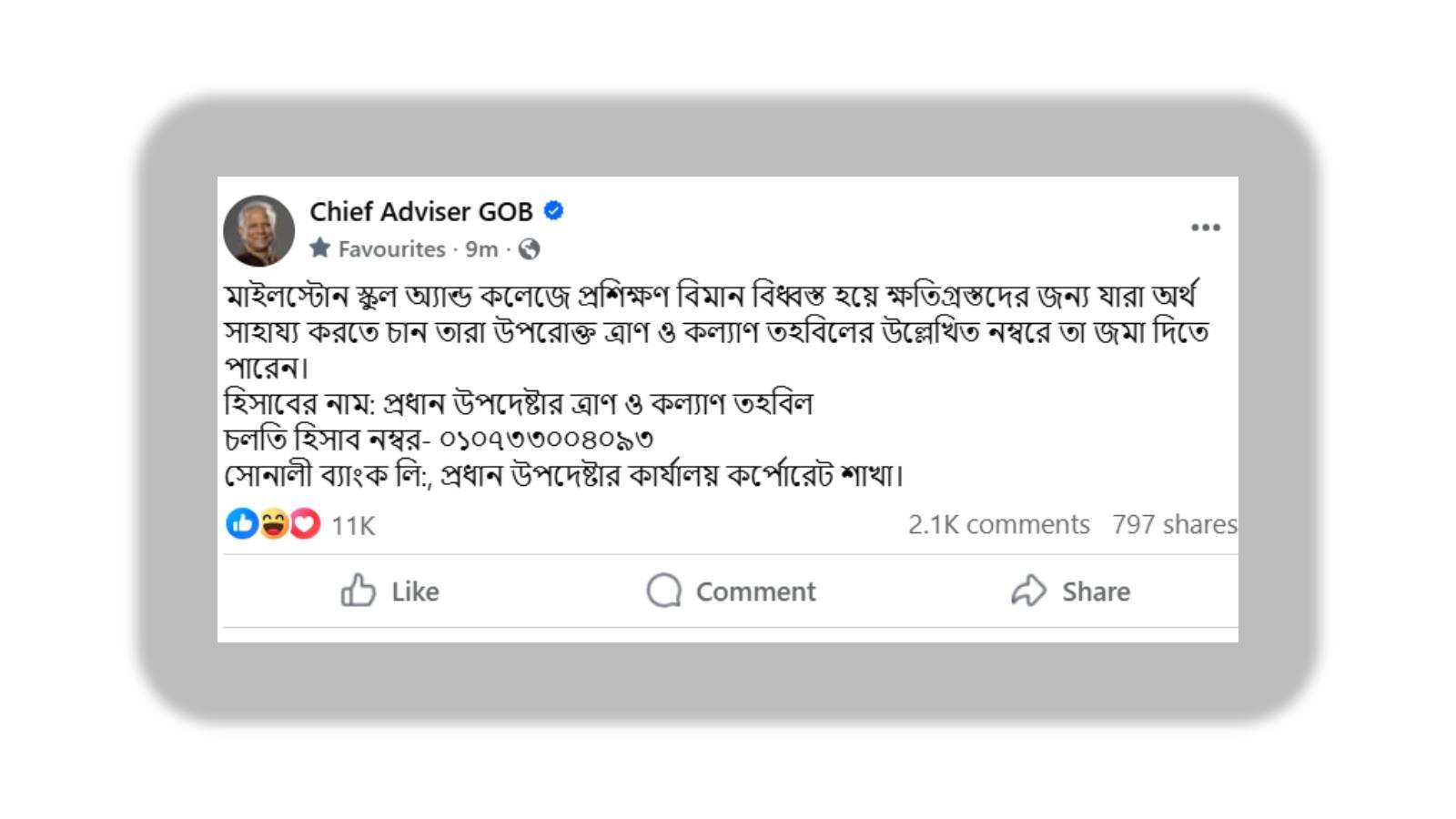 মাইলস্টোন স্কুল দুর্ঘটনায় সহায়তার আহ্বান: অর্থ সাহায্য নেওয়া হচ্ছে প্রধান উপদেষ্টার তহবিলে